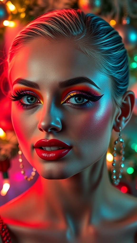 A model showcasing a retro 80s Christmas makeup look with bright colors and festive decorations.